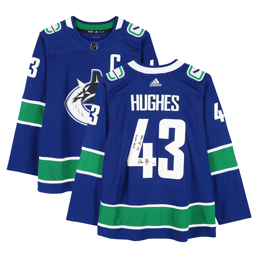 Quinn Hughes Vancouver Canucks Autographed Blue adidas Authentic Jersey with "2024 Norris" & "17G - 75A - 92 Pts" Inscriptions - Limited Edition of 24