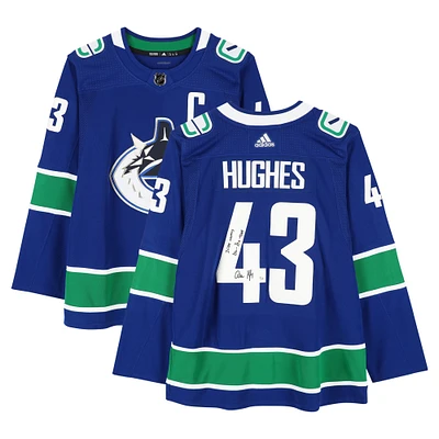 Quinn Hughes Vancouver Canucks Autographed Blue adidas Authentic Jersey with "2024 Norris" & "17G - 75A - 92 Pts" Inscriptions - Limited Edition of 24