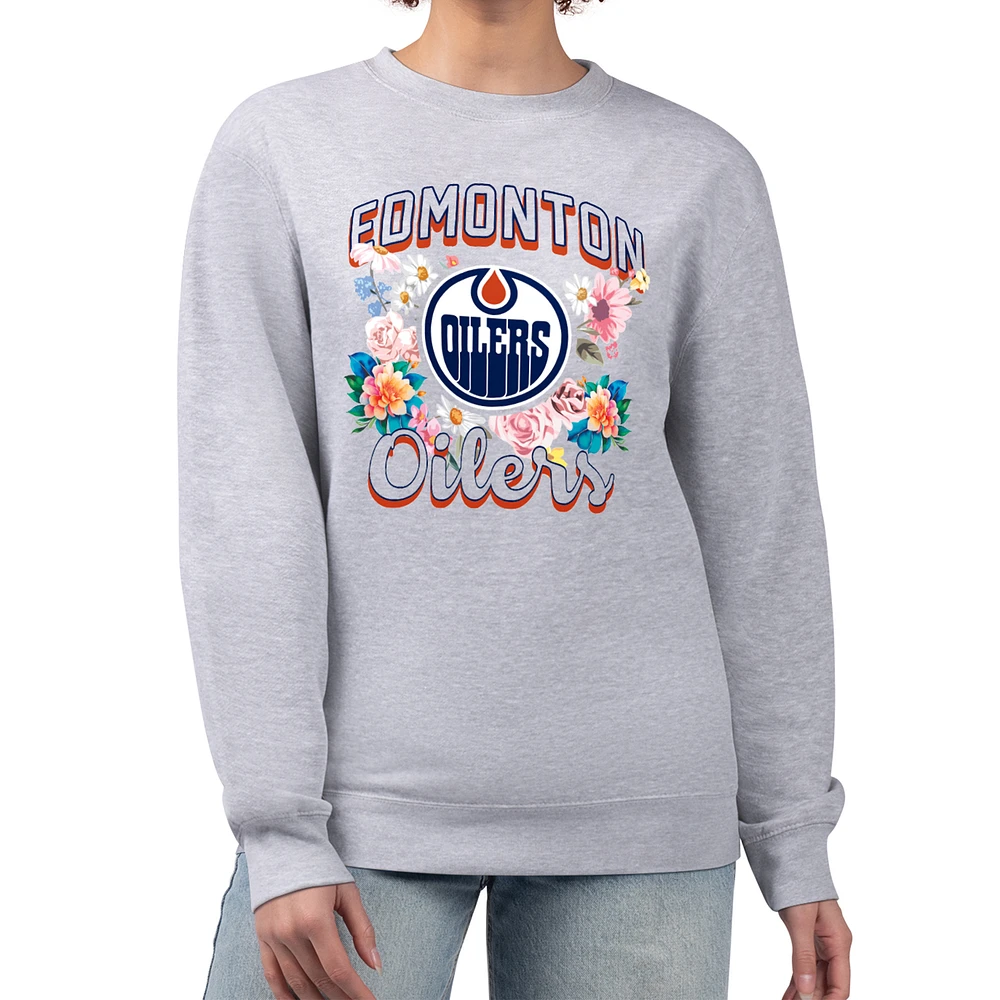 Women's G-III 4Her by Carl Banks Heather Gray Edmonton Oilers Flower Logo Pullover Sweatshirt
