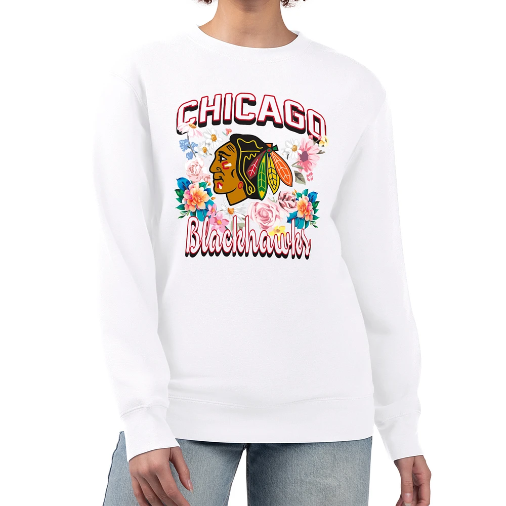 Women's G-III 4Her by Carl Banks White Chicago Blackhawks Flower Logo Pullover Sweatshirt