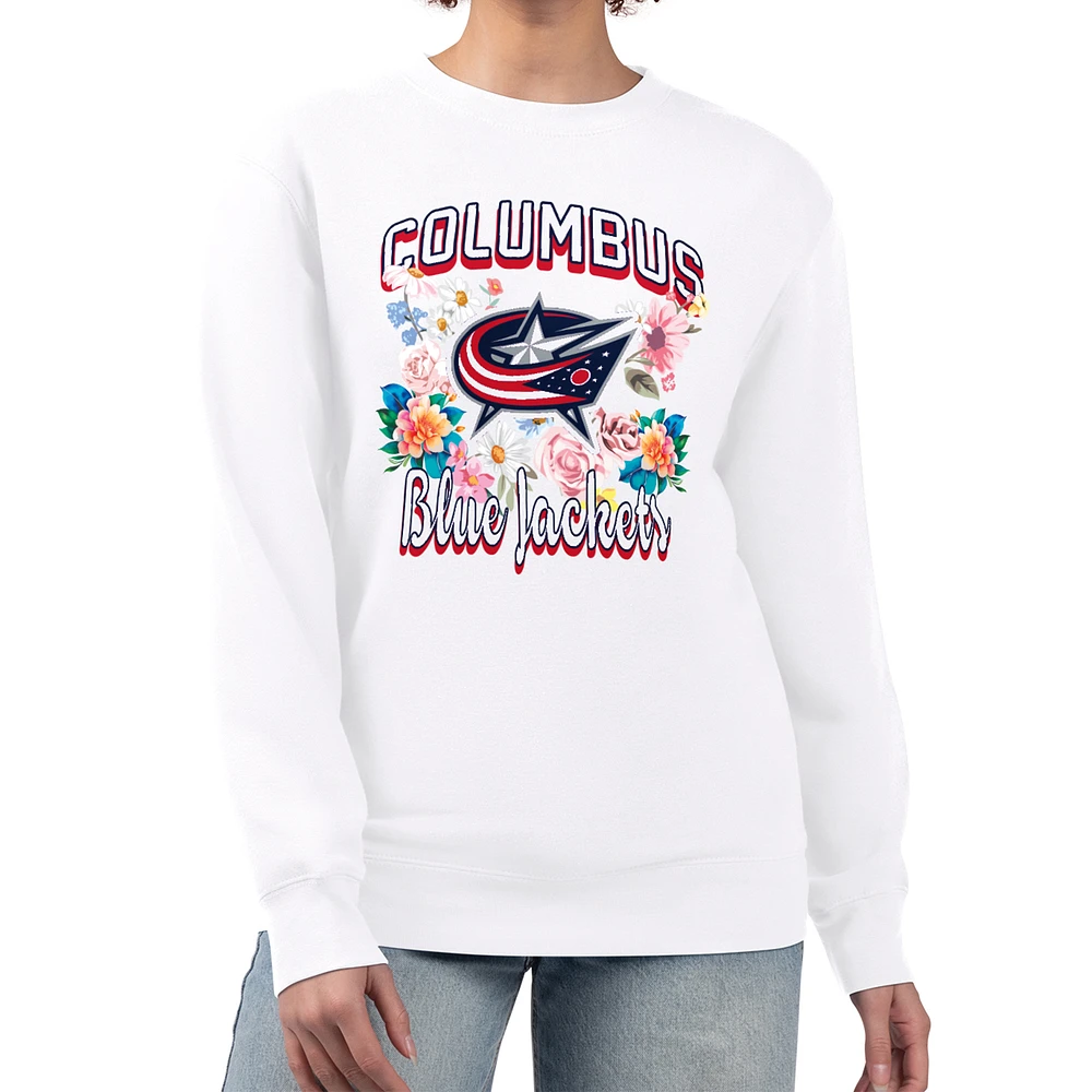 Women's G-III 4Her by Carl Banks White Columbus Blue Jackets Flower Logo Pullover Sweatshirt