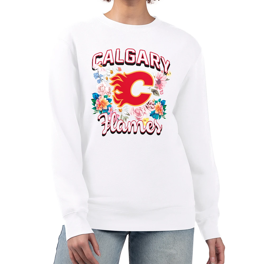 Women's G-III 4Her by Carl Banks White Calgary Flames Flower Logo Pullover Sweatshirt
