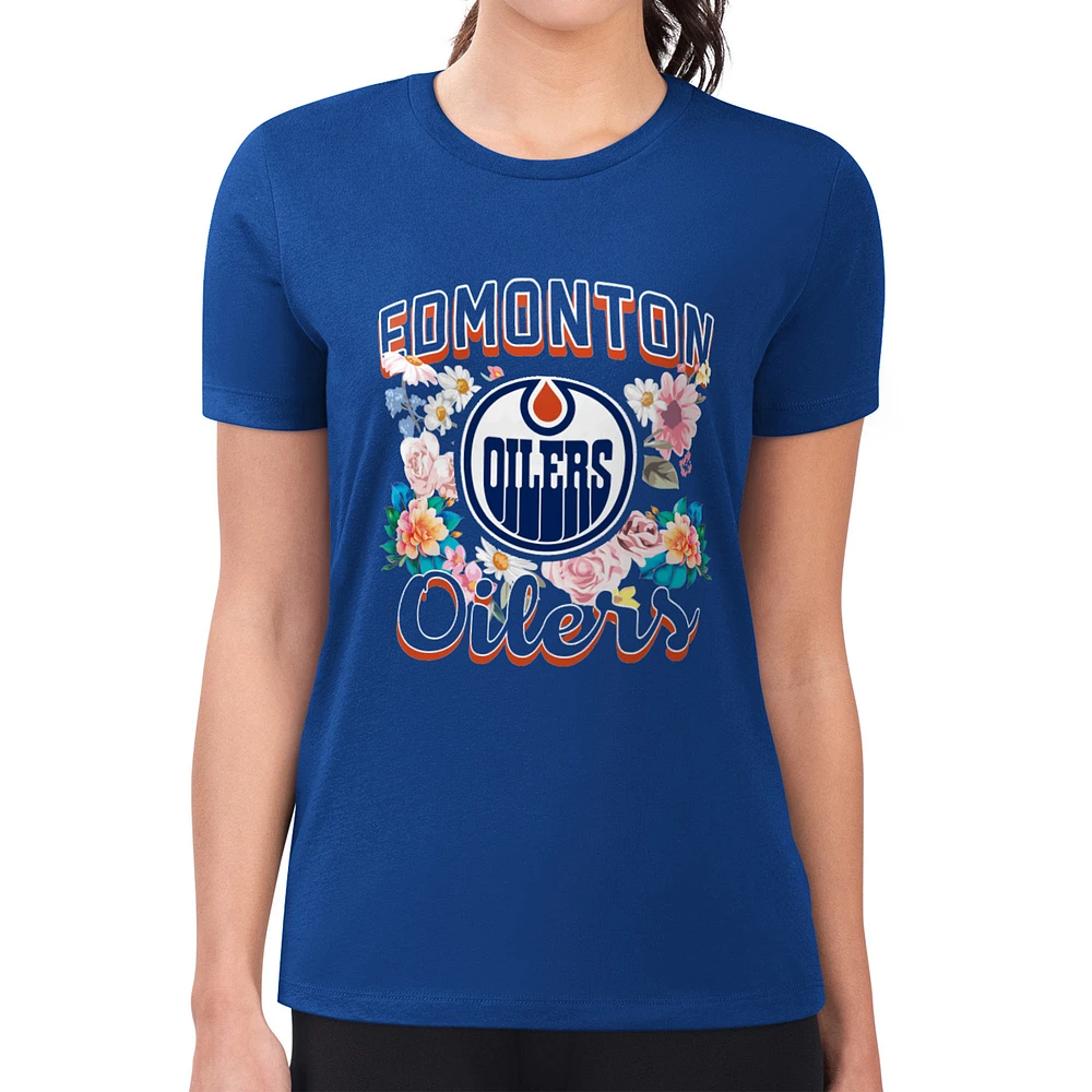 Women's G-III 4Her by Carl Banks Royal Edmonton Oilers Super-Slim Fit Lightweight Flower Logo T-Shirt