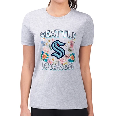 Women's G-III 4Her by Carl Banks Heather Gray Seattle Kraken Super-Slim Fit Lightweight Flower Logo T-Shirt