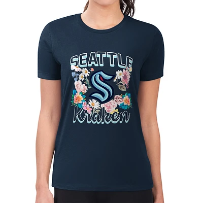 Women's G-III 4Her by Carl Banks Navy Seattle Kraken Super-Slim Fit Lightweight Flower Logo T-Shirt