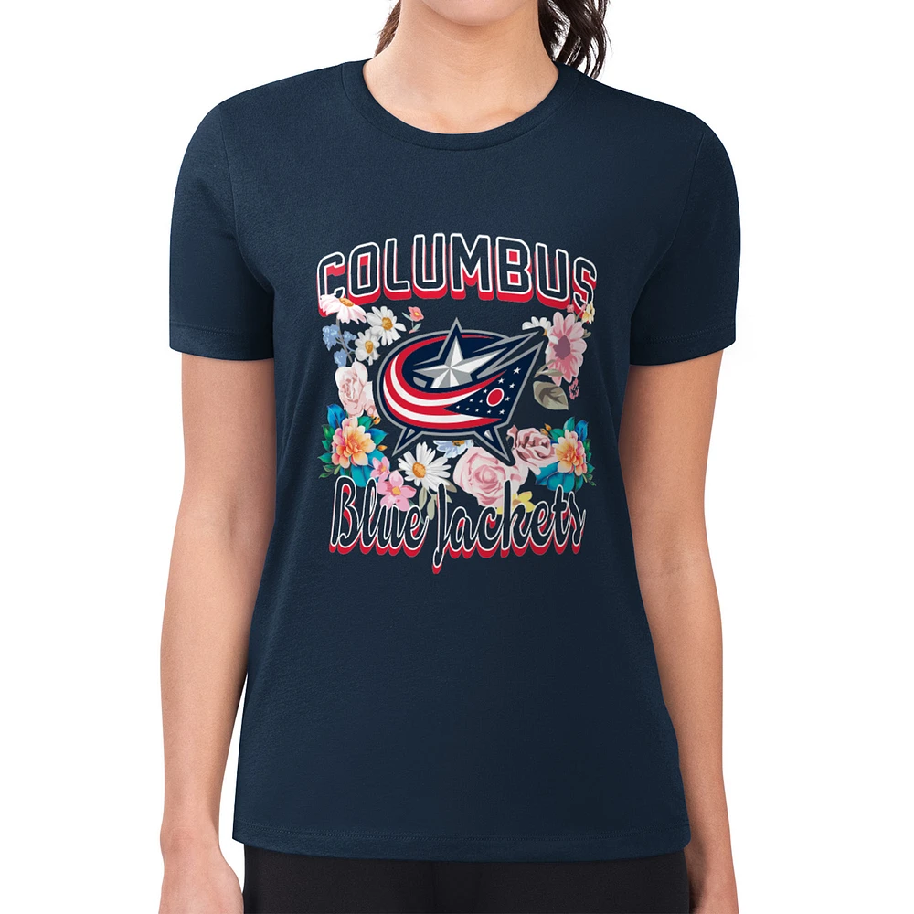 Women's G-III 4Her by Carl Banks Navy Columbus Blue Jackets Super-Slim Fit Lightweight Flower Logo T-Shirt