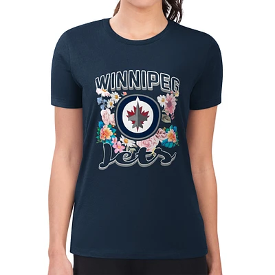 Women's G-III 4Her by Carl Banks Navy Winnipeg Jets Super-Slim Fit Lightweight Flower Logo T-Shirt