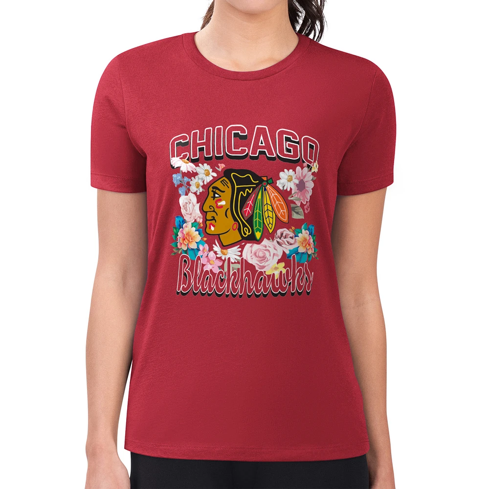 Women's G-III 4Her by Carl Banks Chicago Blackhawks Super-Slim Fit Lightweight Flower Logo T-Shirt