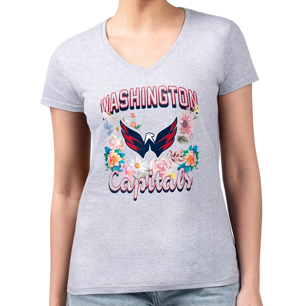 Women's G-III 4Her by Carl Banks Heather Gray Washington Capitals Super-Slim Fit Lightweight Flower Logo V-Neck T-Shirt