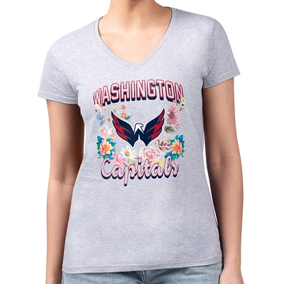 Women's G-III 4Her by Carl Banks Heather Gray Washington Capitals Super-Slim Fit Lightweight Flower Logo V-Neck T-Shirt