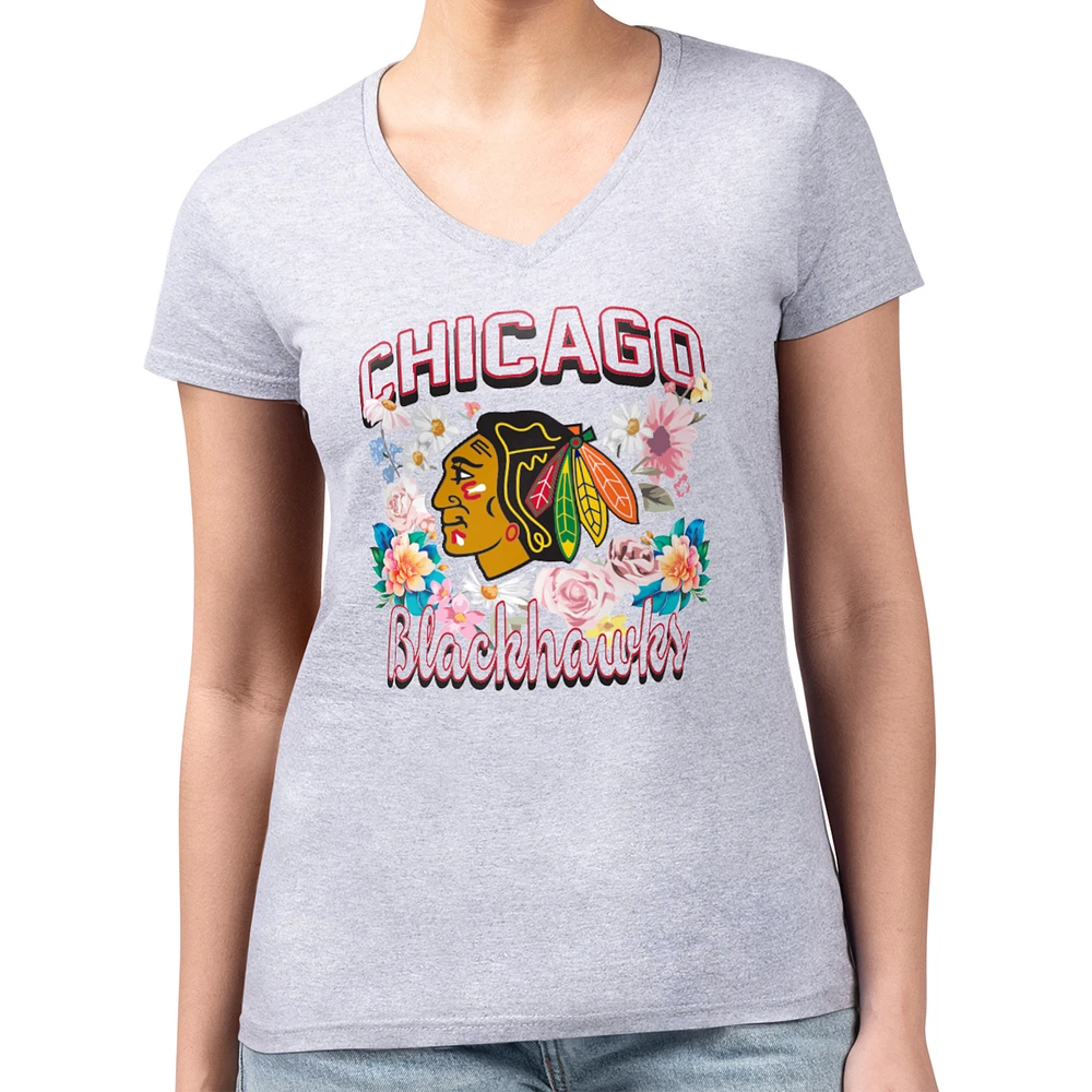 Women's G-III 4Her by Carl Banks Heather Gray Chicago Blackhawks Super-Slim Fit Lightweight Flower Logo V-Neck T-Shirt