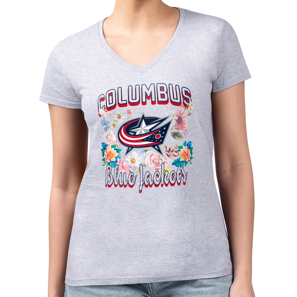 Women's G-III 4Her by Carl Banks Heather Gray Columbus Blue Jackets Super-Slim Fit Lightweight Flower Logo V-Neck T-Shirt