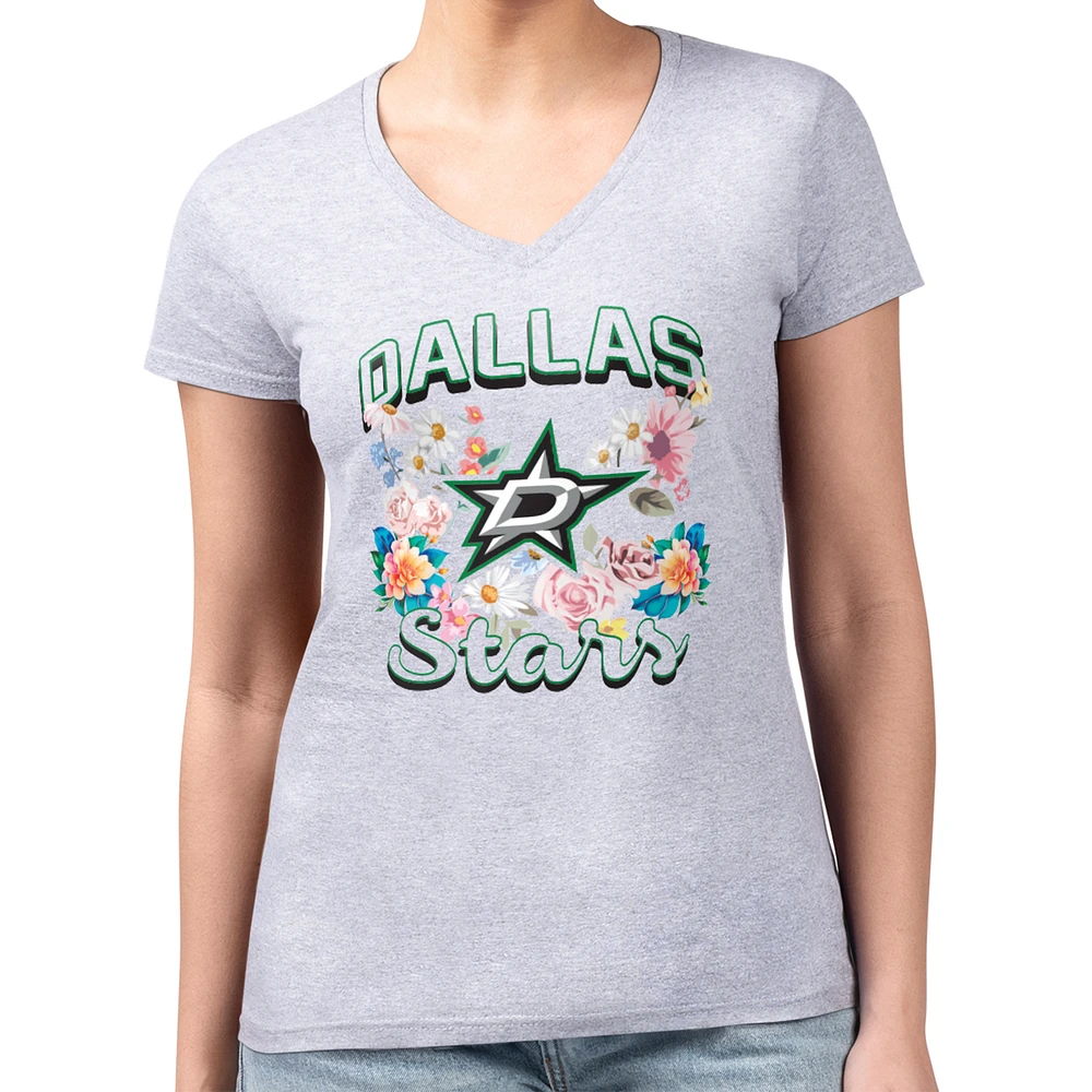 Women's G-III 4Her by Carl Banks Heather Gray Dallas Stars Super-Slim Fit Lightweight Flower Logo V-Neck T-Shirt