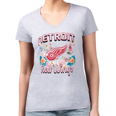 Women's G-III 4Her by Carl Banks Heather Gray Detroit Red Wings Super-Slim Fit Lightweight Flower Logo V-Neck T-Shirt