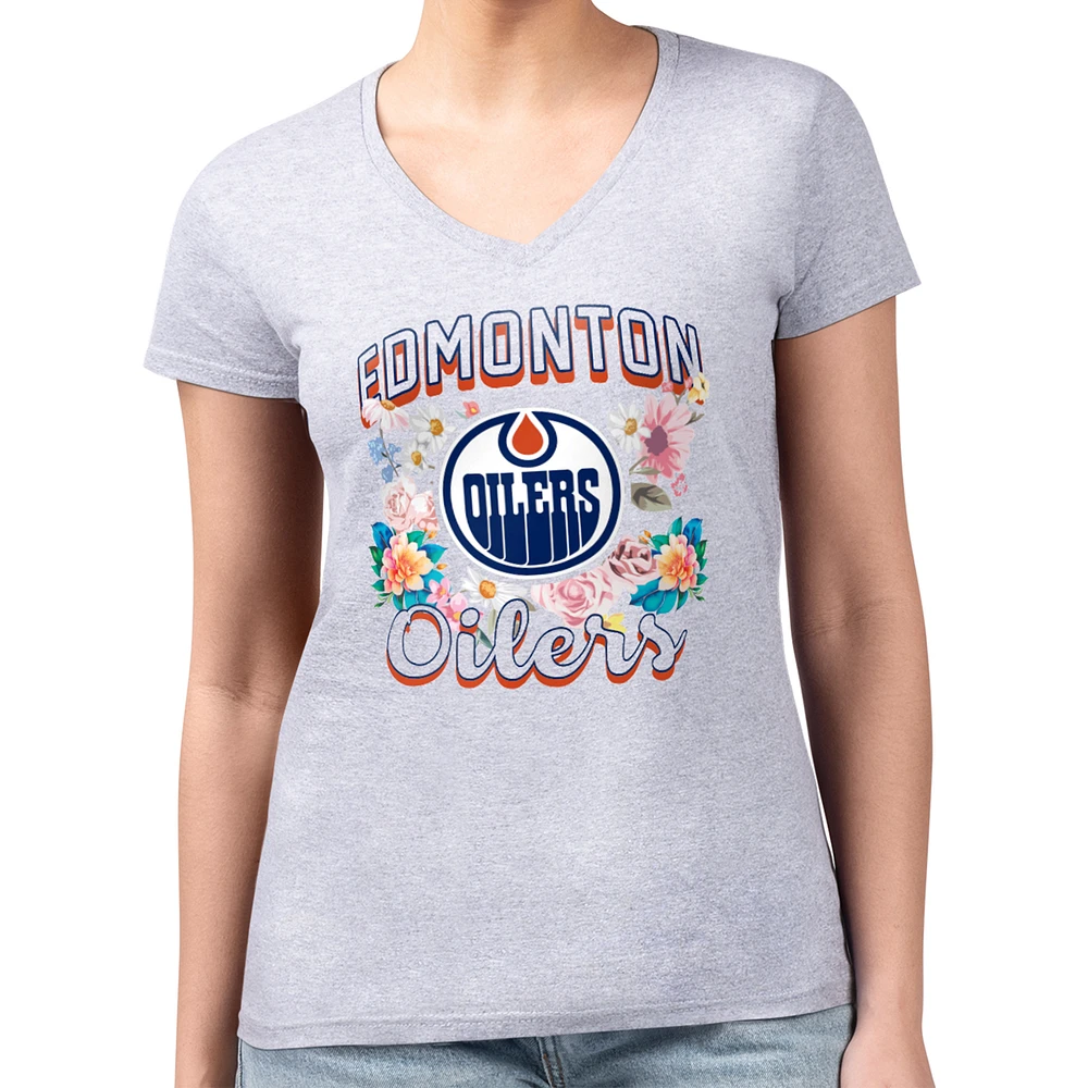 Women's G-III 4Her by Carl Banks Heather Gray Edmonton Oilers Super-Slim Fit Lightweight Flower Logo V-Neck T-Shirt