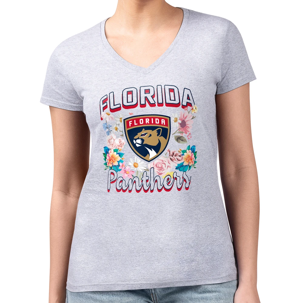Women's G-III 4Her by Carl Banks Heather Gray Florida Panthers Super-Slim Fit Lightweight Flower Logo V-Neck T-Shirt