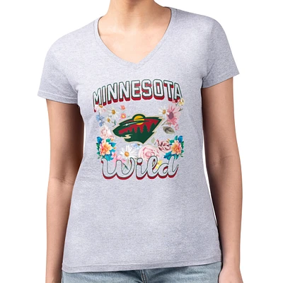 Women's G-III 4Her by Carl Banks Heather Gray Minnesota Wild Super-Slim Fit Lightweight Flower Logo V-Neck T-Shirt