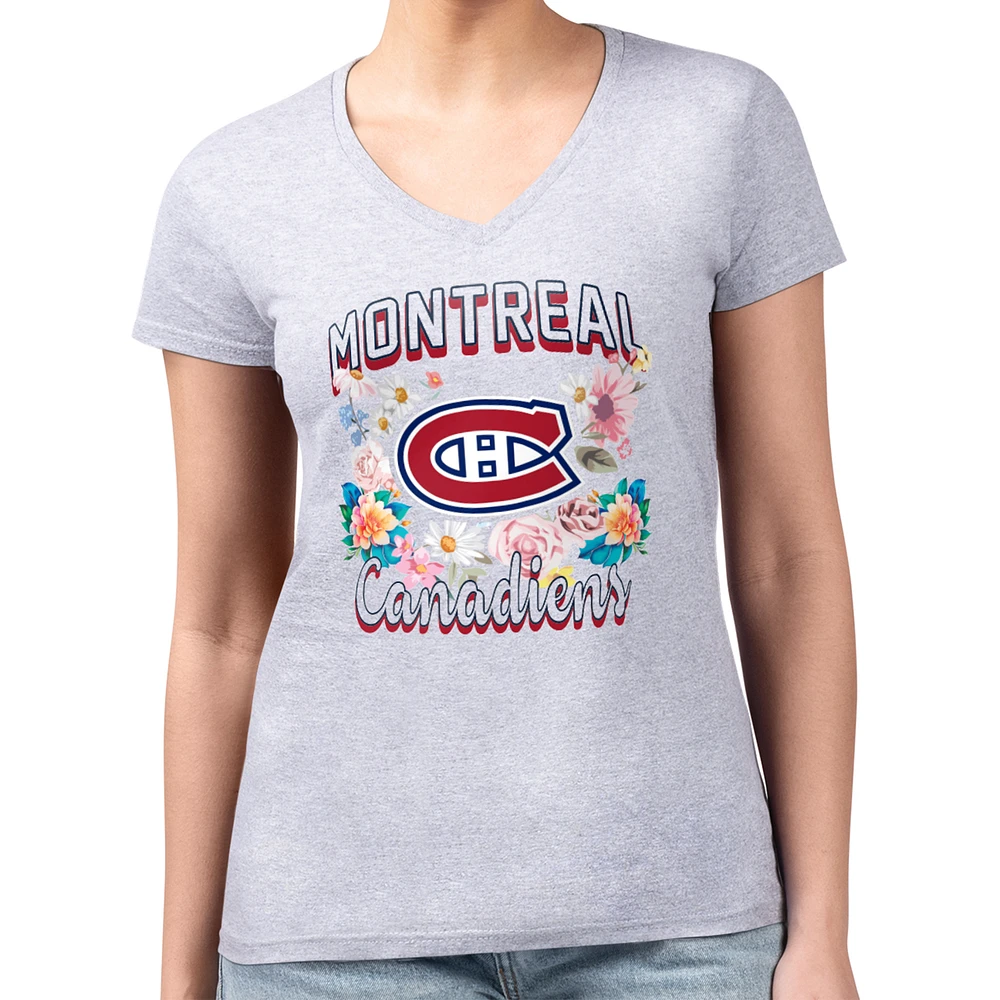 Women's G-III 4Her by Carl Banks Heather Gray Montreal Canadiens Super-Slim Fit Lightweight Flower Logo V-Neck T-Shirt