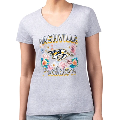 Women's G-III 4Her by Carl Banks Heather Gray Nashville Predators Super-Slim Fit Lightweight Flower Logo V-Neck T-Shirt