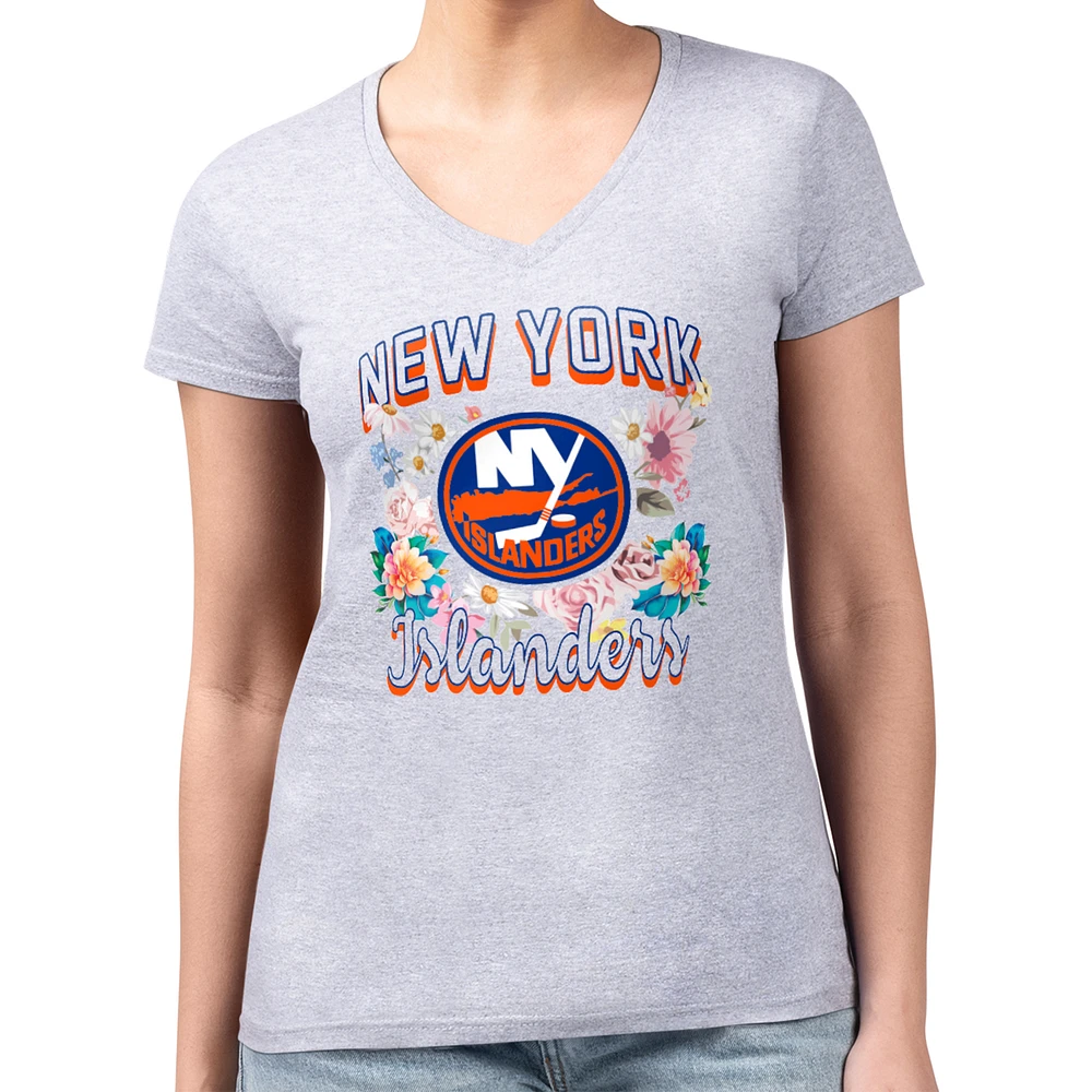Women's G-III 4Her by Carl Banks Heather Gray New York Islanders Super-Slim Fit Lightweight Flower Logo V-Neck T-Shirt