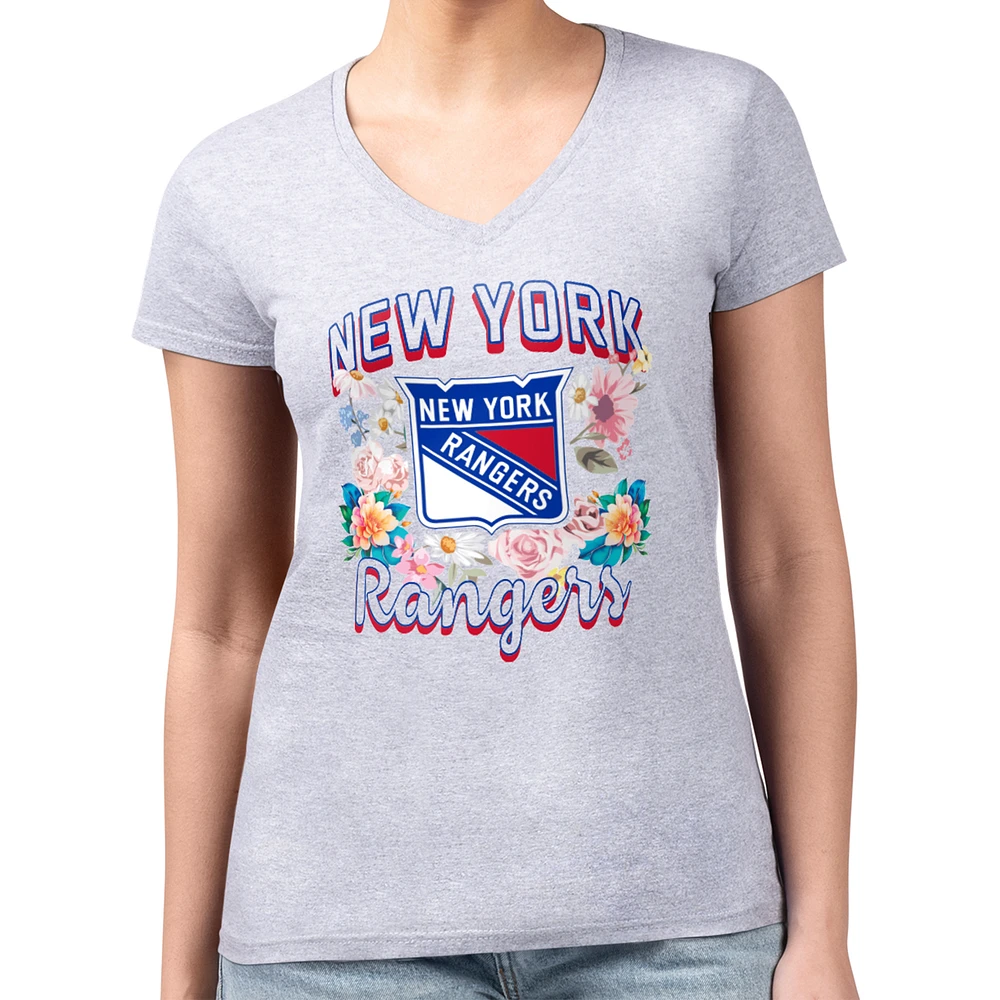 Women's G-III 4Her by Carl Banks Heather Gray New York Rangers Super-Slim Fit Lightweight Flower Logo V-Neck T-Shirt