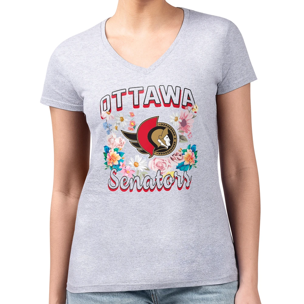Women's G-III 4Her by Carl Banks Heather Gray Ottawa Senators Super-Slim Fit Lightweight Flower Logo V-Neck T-Shirt