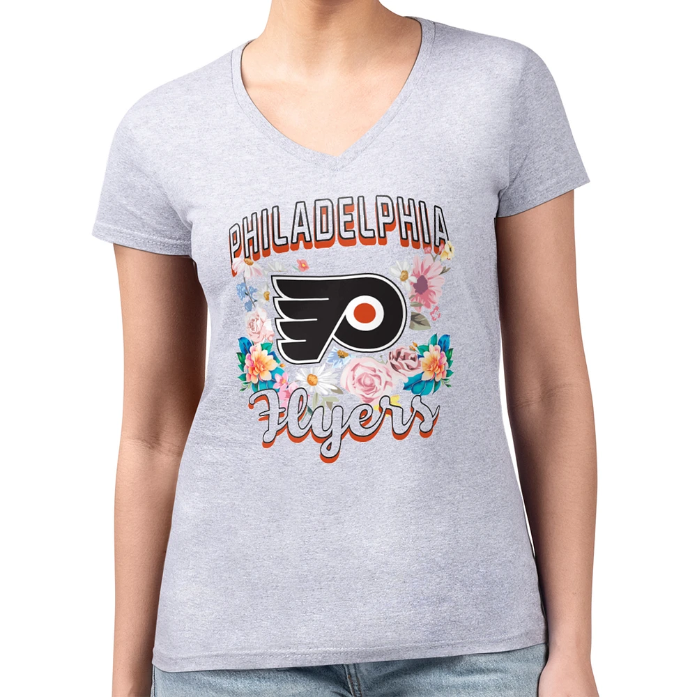Women's G-III 4Her by Carl Banks Heather Gray Philadelphia Flyers Super-Slim Fit Lightweight Flower Logo V-Neck T-Shirt