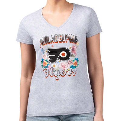 Women's G-III 4Her by Carl Banks Heather Gray Philadelphia Flyers Super-Slim Fit Lightweight Flower Logo V-Neck T-Shirt