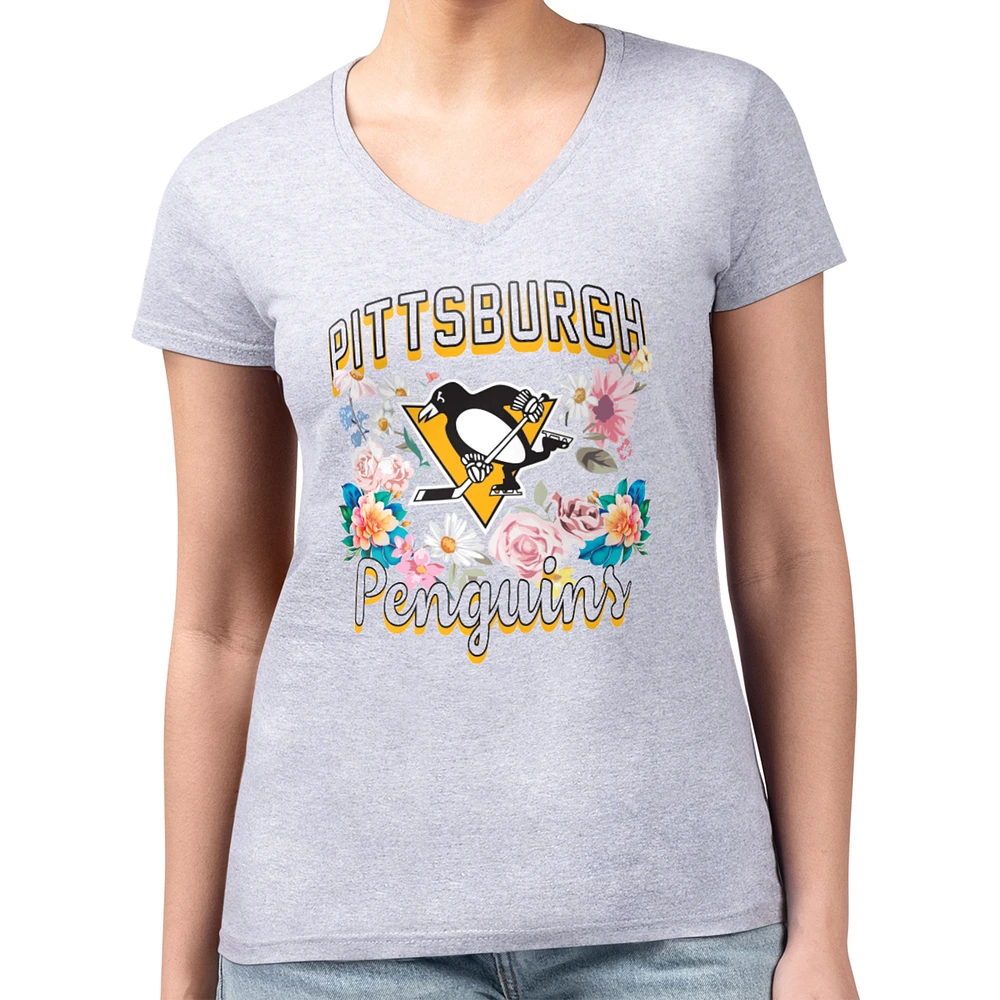 Women's G-III 4Her by Carl Banks Heather Gray Pittsburgh Penguins Super-Slim Fit Lightweight Flower Logo V-Neck T-Shirt