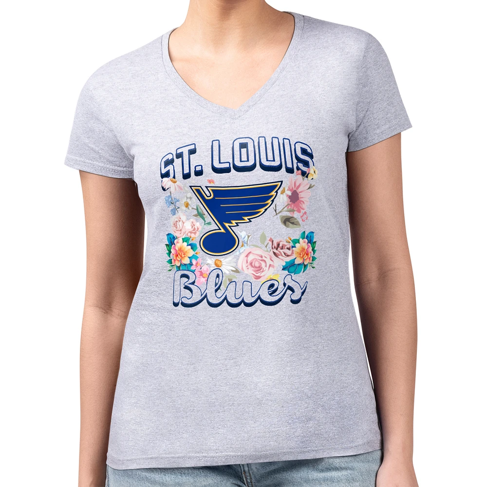 Women's G-III 4Her by Carl Banks Heather Gray St. Louis Blues Super-Slim Fit Lightweight Flower Logo V-Neck T-Shirt