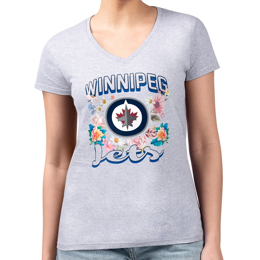 Women's G-III 4Her by Carl Banks Heather Gray Winnipeg Jets Super-Slim Fit Lightweight Flower Logo V-Neck T-Shirt