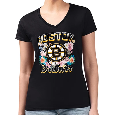 Women's G-III 4Her by Carl Banks Boston Bruins Super-Slim Fit Lightweight Flower Logo V-Neck T-Shirt