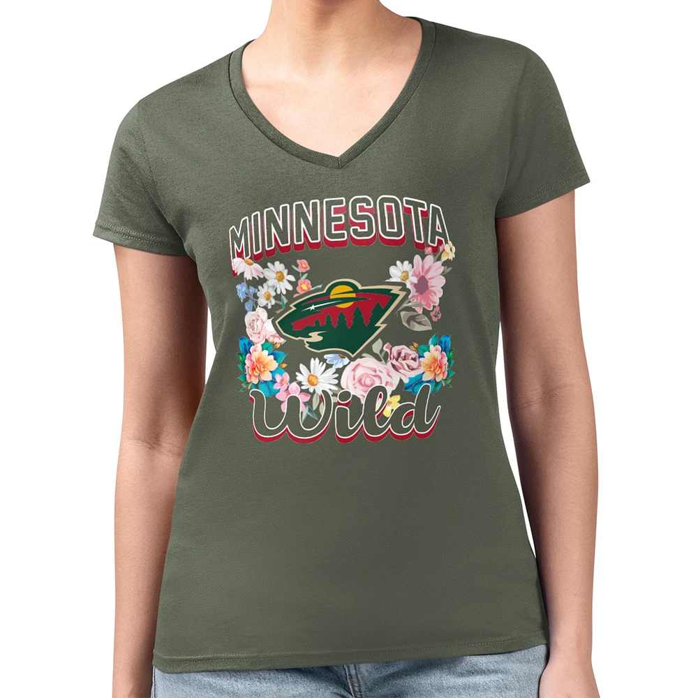 Women's G-III 4Her by Carl Banks Minnesota Wild Super-Slim Fit Lightweight Flower Logo V-Neck T-Shirt
