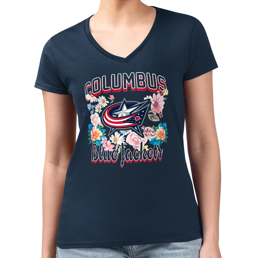 Women's G-III 4Her by Carl Banks Navy Columbus Blue Jackets Super-Slim Fit Lightweight Flower Logo V-Neck T-Shirt