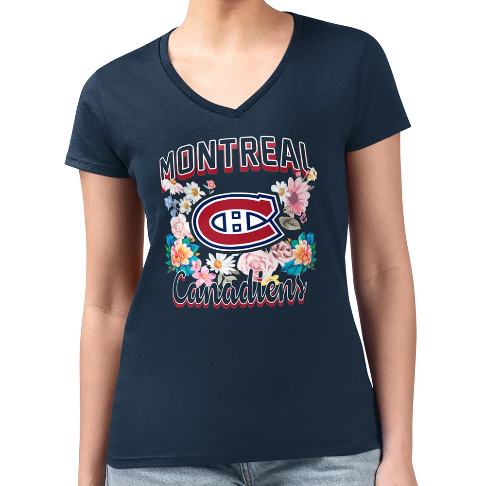 Women's G-III 4Her by Carl Banks Navy Montreal Canadiens Super-Slim Fit Lightweight Flower Logo V-Neck T-Shirt