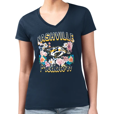 Women's G-III 4Her by Carl Banks Navy Nashville Predators Super-Slim Fit Lightweight Flower Logo V-Neck T-Shirt