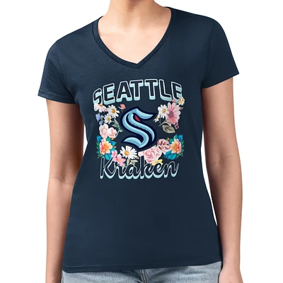 Women's G-III 4Her by Carl Banks Navy Seattle Kraken Super-Slim Fit Lightweight Flower Logo V-Neck T-Shirt