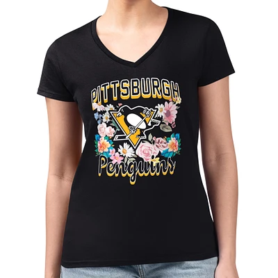 Women's G-III 4Her by Carl Banks Pittsburgh Penguins Super-Slim Fit Lightweight Flower Logo V-Neck T-Shirt