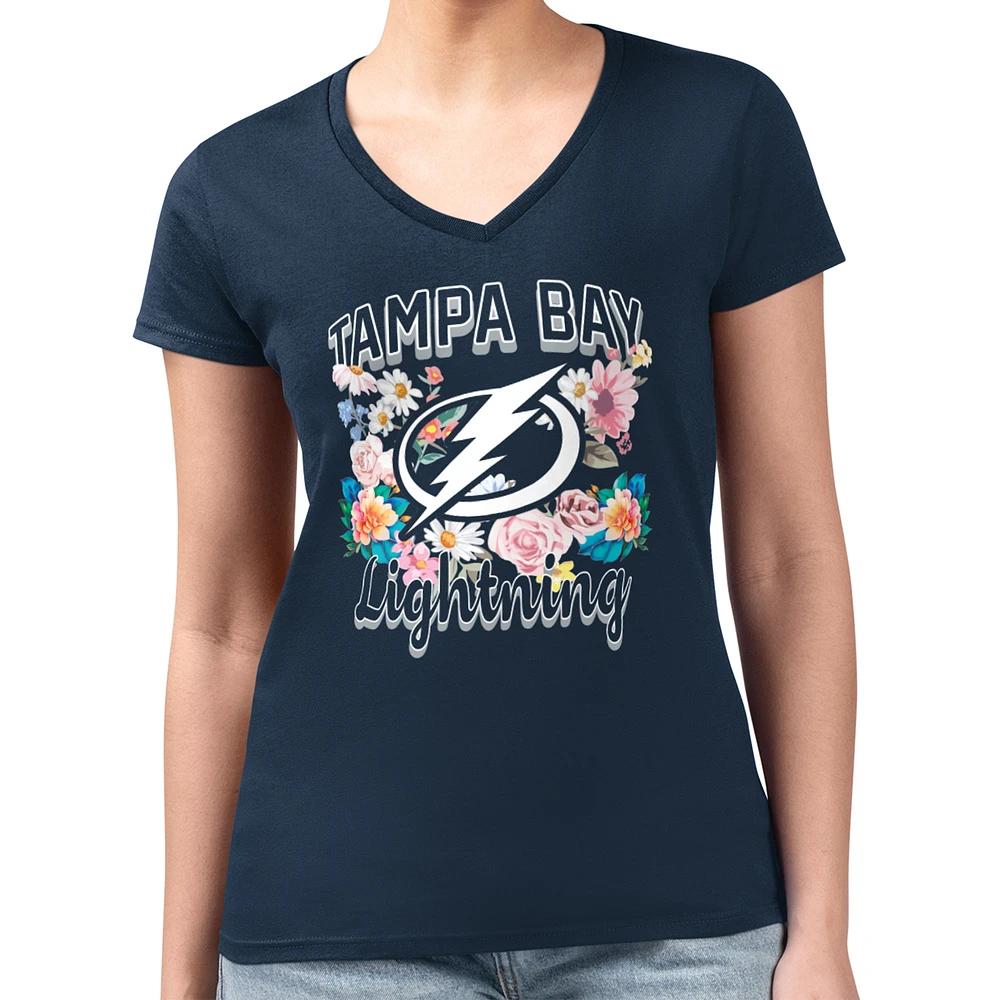 Women's G-III 4Her by Carl Banks Navy Tampa Bay Lightning Super-Slim Fit Lightweight Flower Logo V-Neck T-Shirt