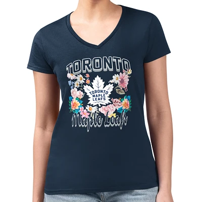 Women's G-III 4Her by Carl Banks Navy Toronto Maple Leafs Super-Slim Fit Lightweight Flower Logo V-Neck T-Shirt