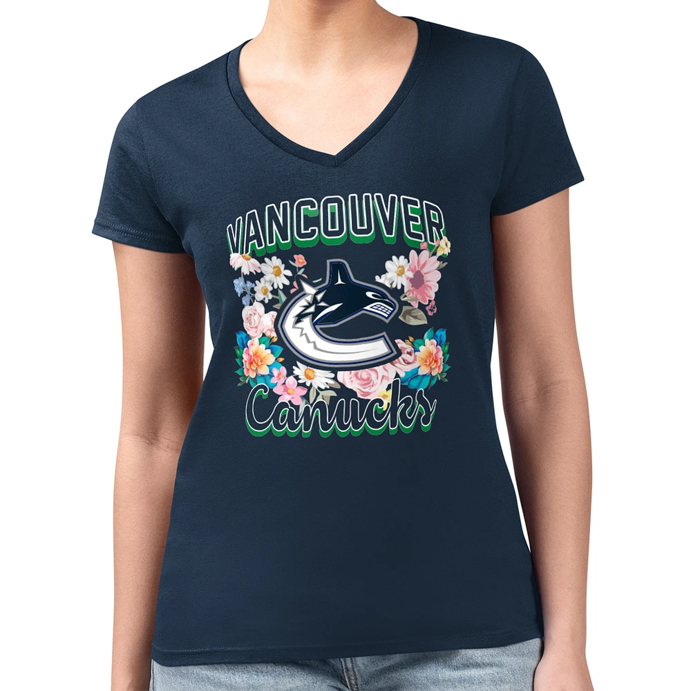 Women's G-III 4Her by Carl Banks Navy Vancouver Canucks Super-Slim Fit Lightweight Flower Logo V-Neck T-Shirt