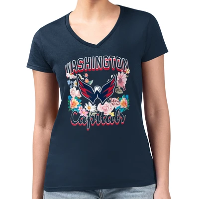 Women's G-III 4Her by Carl Banks Navy Washington Capitals Super-Slim Fit Lightweight Flower Logo V-Neck T-Shirt