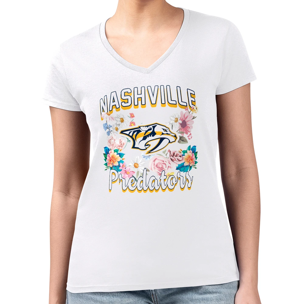 Women's G-III 4Her by Carl Banks White Nashville Predators Super-Slim Fit Lightweight Flower Logo V-Neck T-Shirt