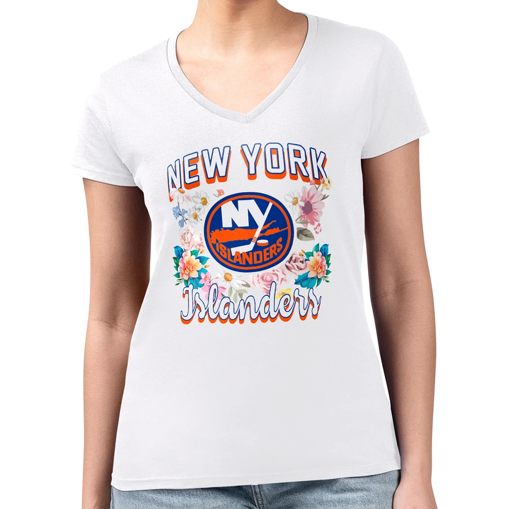 Women's G-III 4Her by Carl Banks White New York Islanders Super-Slim Fit Lightweight Flower Logo V-Neck T-Shirt