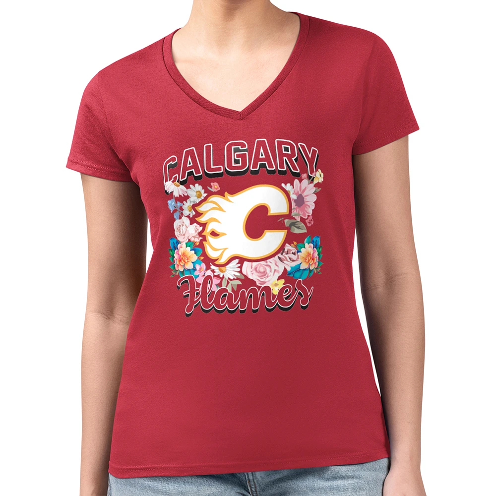 Women's G-III 4Her by Carl Banks Calgary Flames Super-Slim Fit Lightweight Flower Logo V-Neck T-Shirt