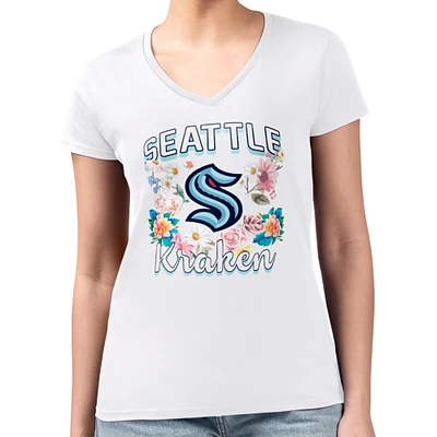 Women's G-III 4Her by Carl Banks White Seattle Kraken Super-Slim Fit Lightweight Flower Logo V-Neck T-Shirt