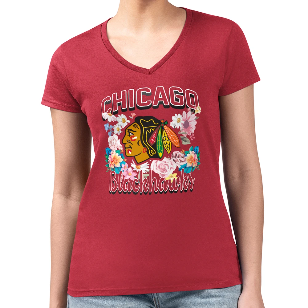 Women's G-III 4Her by Carl Banks Chicago Blackhawks Super-Slim Fit Lightweight Flower Logo V-Neck T-Shirt