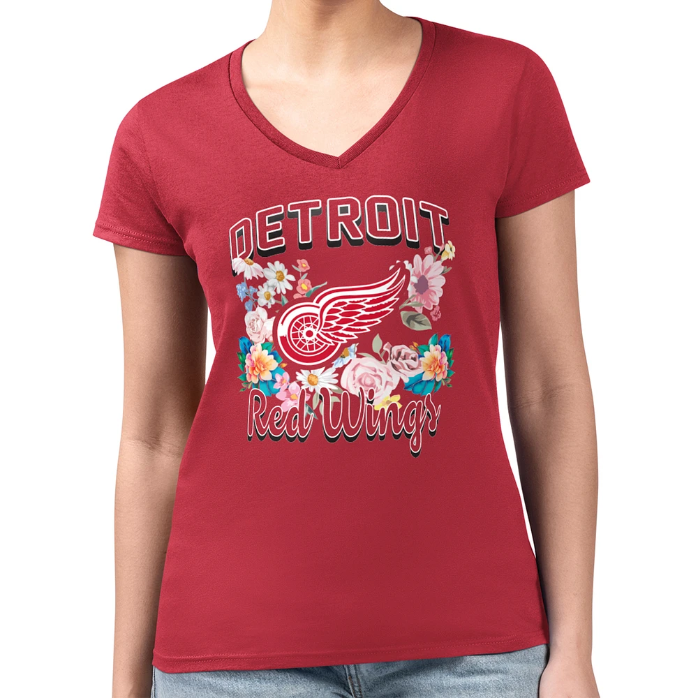 Women's G-III 4Her by Carl Banks Red Detroit Wings Super-Slim Fit Lightweight Flower Logo V-Neck T-Shirt