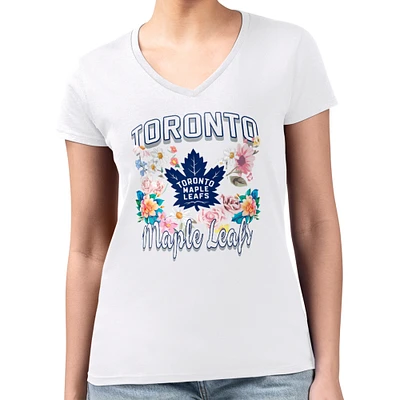 Women's G-III 4Her by Carl Banks White Toronto Maple Leafs Super-Slim Fit Lightweight Flower Logo V-Neck T-Shirt