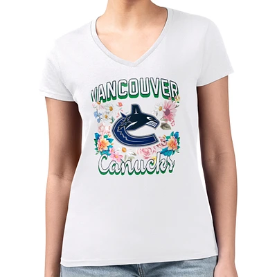 Women's G-III 4Her by Carl Banks White Vancouver Canucks Super-Slim Fit Lightweight Flower Logo V-Neck T-Shirt